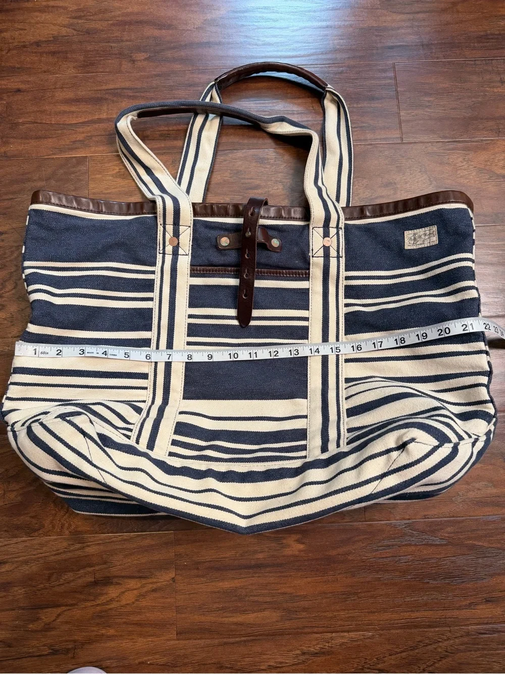 Polo Ralph Lauren Indigo Striped Cotton Canvas Leather Tote Bag Stripe Nautical
